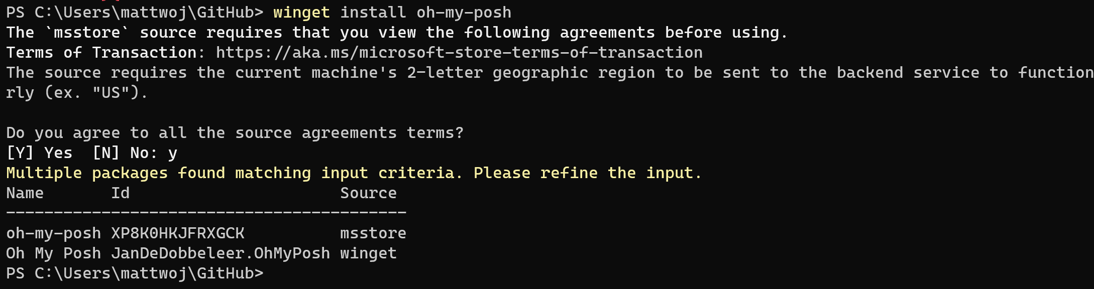 Képernyőkép a winget install oh my posh csomagok.