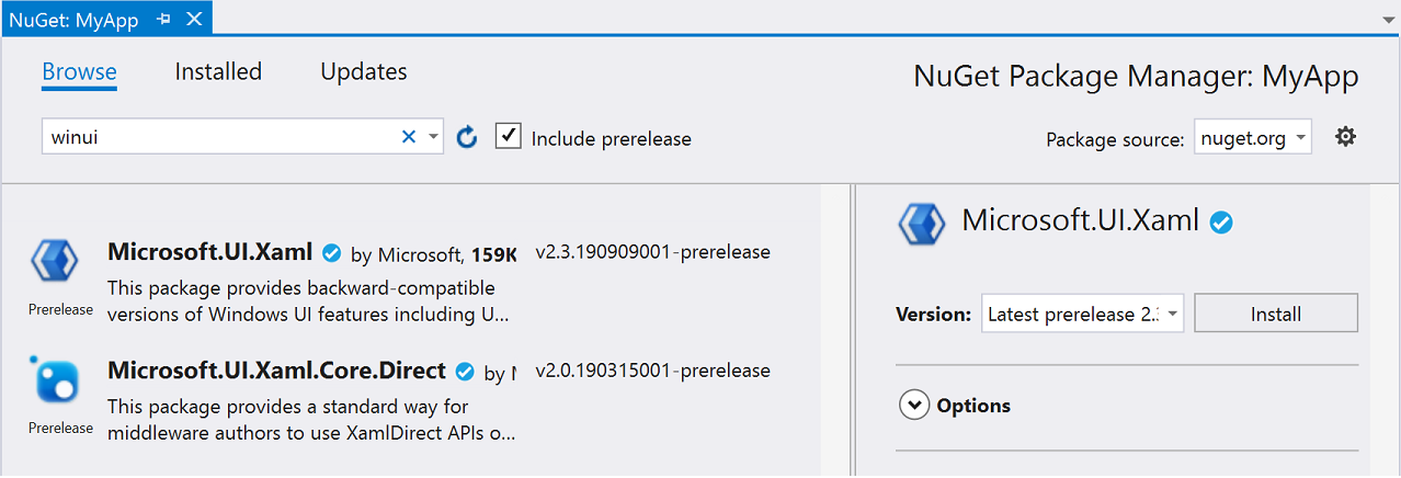 Képernyőkép a NuGet Package Manager párbeszédpanelről, amely a Tallózás lapot mutatja, a win u i szerepel a keresőmezőben, és az Előzetes kiadásokat is tartalmazza opció be van jelölve.