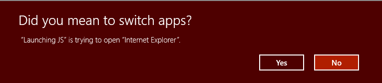 a warning dialog overlayed on a grayed out background of the app. the dialog asks the user if they want to switch apps and has ‘yes’ and ‘no’ buttons in the bottom right. the ‘no’ button is highlighted.