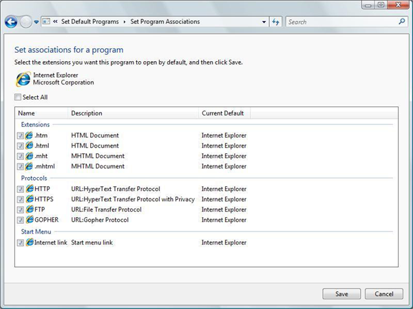 programoldalon beállított asszociációk képernyőképe