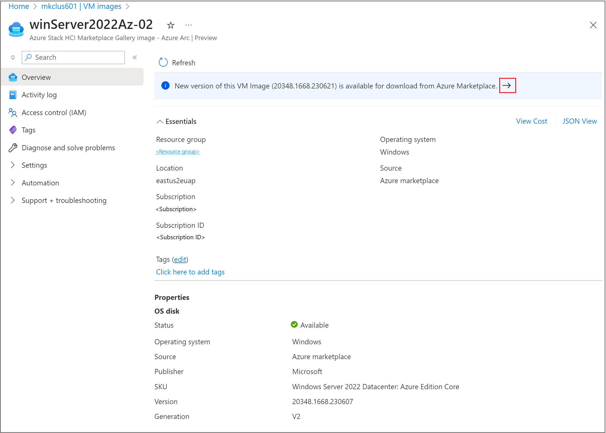 Cuplikan layar memperlihatkan gambar VM baru yang tersedia untuk diunduh dalam detail gambar VM.
