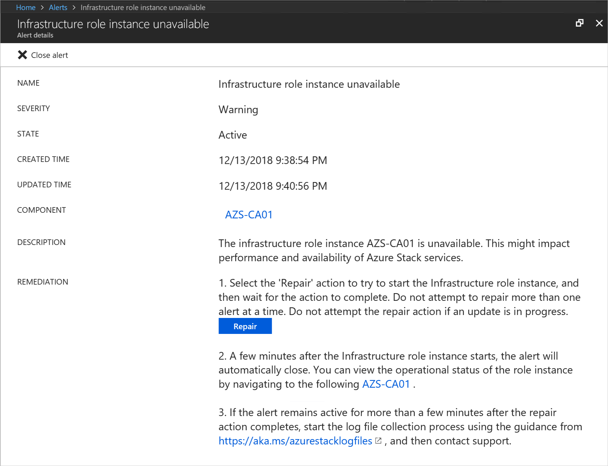 Bilah Detail pemberitahuan di portal administrator Azure Stack Hub