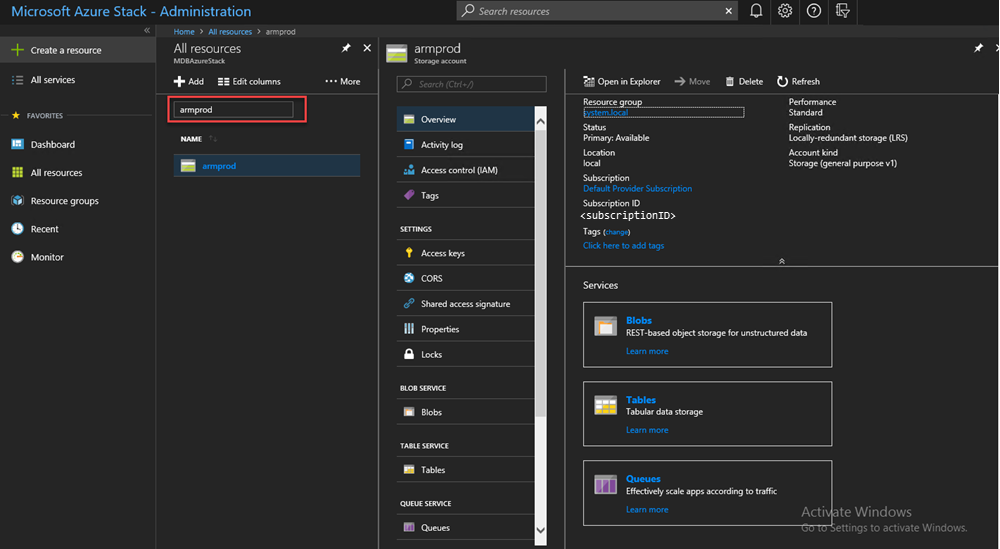 Nama akun penyimpanan Anda di portal administrator Azure Stack Hub