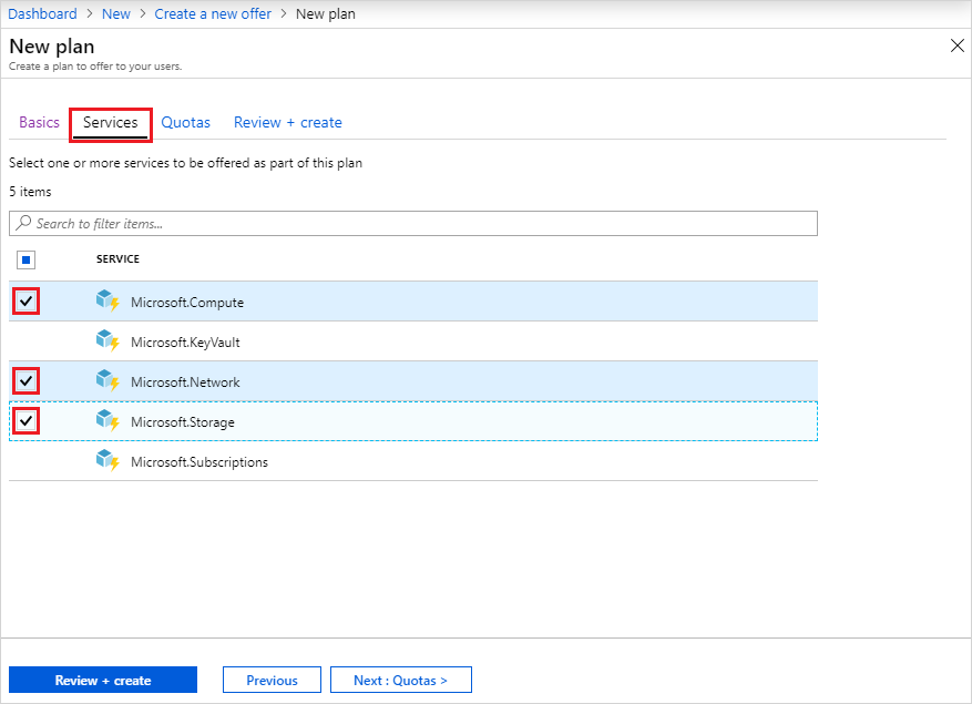 Cuplikan layar yang memperlihatkan layanan paket di portal administrasi Azure Stack Hub.