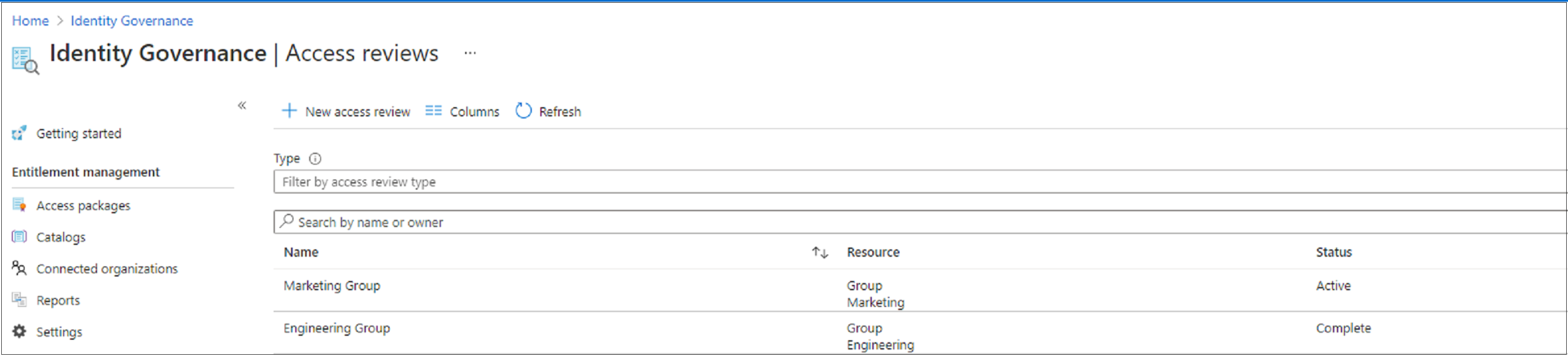 Cuplikan layar yang menunjukkan daftar tinjauan akses dan statusnya.