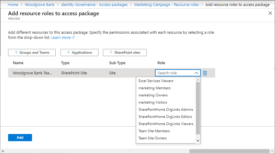 Paket akses - Menambahkan peran sumber daya untuk situs SharePoint Online