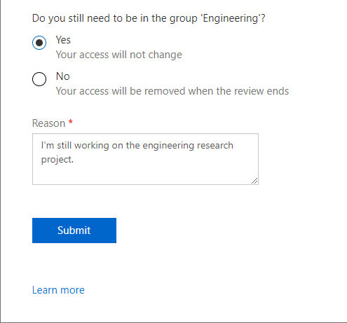 Cuplikan layar yang menunjukkan tinjauan akses lengkap yang menanyakan apakah Anda masih memerlukan akses ke grup, dengan 