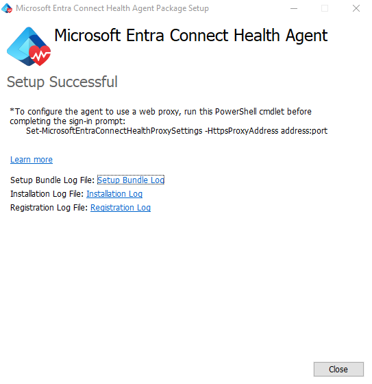 Cuplikan layar yang memperlihatkan pesan konfirmasi untuk penginstalan agen Microsoft Entra Koneksi Health AD FS.
