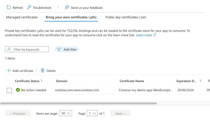 Cuplikan layar panel 'Bawa sertifikat Anda sendiri (.pfx)' dengan sertifikat yang dibeli tercantum.