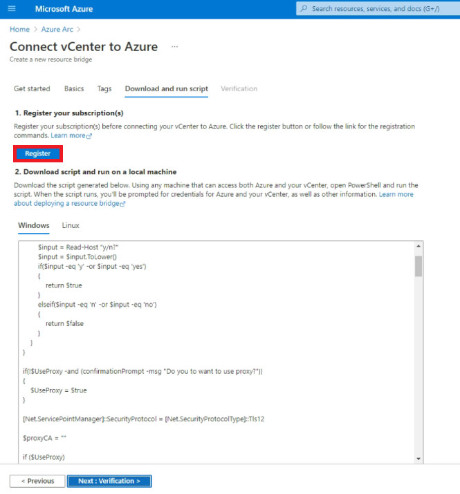 Cuplikan layar yang memperlihatkan tombol untuk mendaftarkan penyedia sumber daya yang diperlukan selama onboarding vCenter ke Azure Arc.