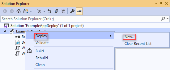 Cuplikan layar menu konteks proyek penyebaran dengan opsi Sebarkan dan Baru disorot.