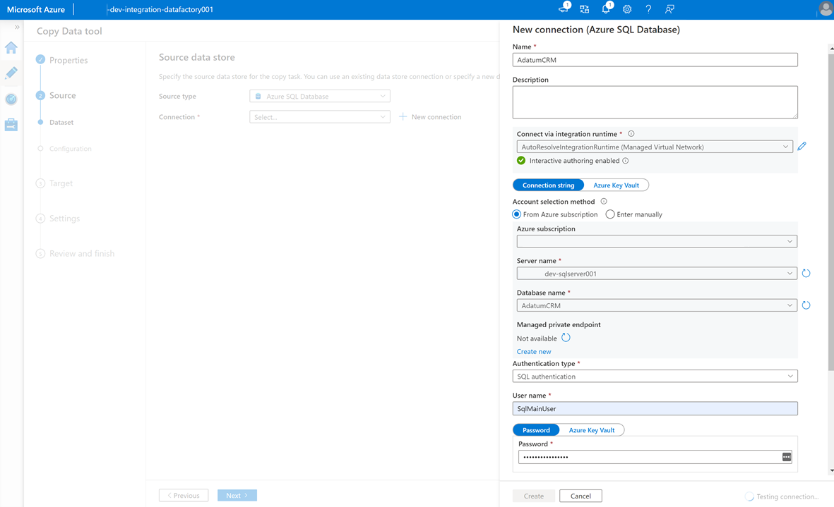 Screenshot that shows connecting to the AdatumCRM database.