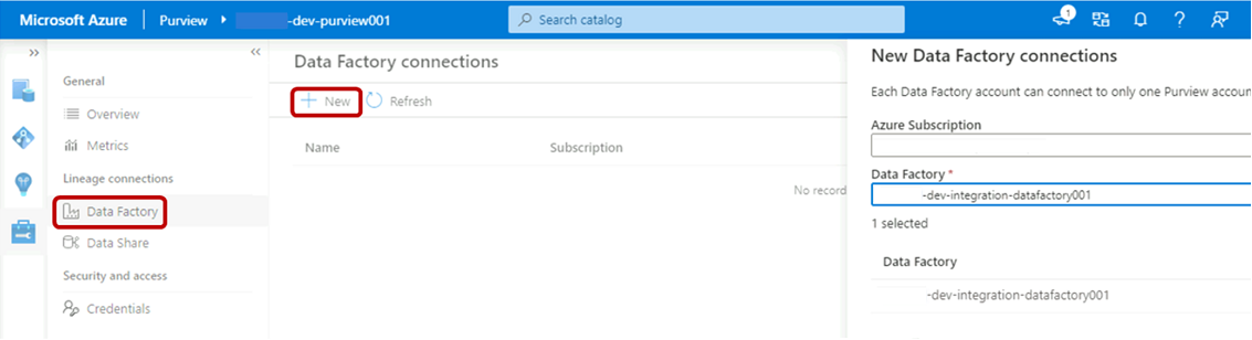 Screenshot that shows what the Purview Studio pane looks like while selecting a new connection.