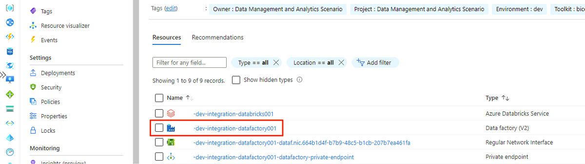 Screenshot that shows how to go to a different resource group to open Azure Data Factory.