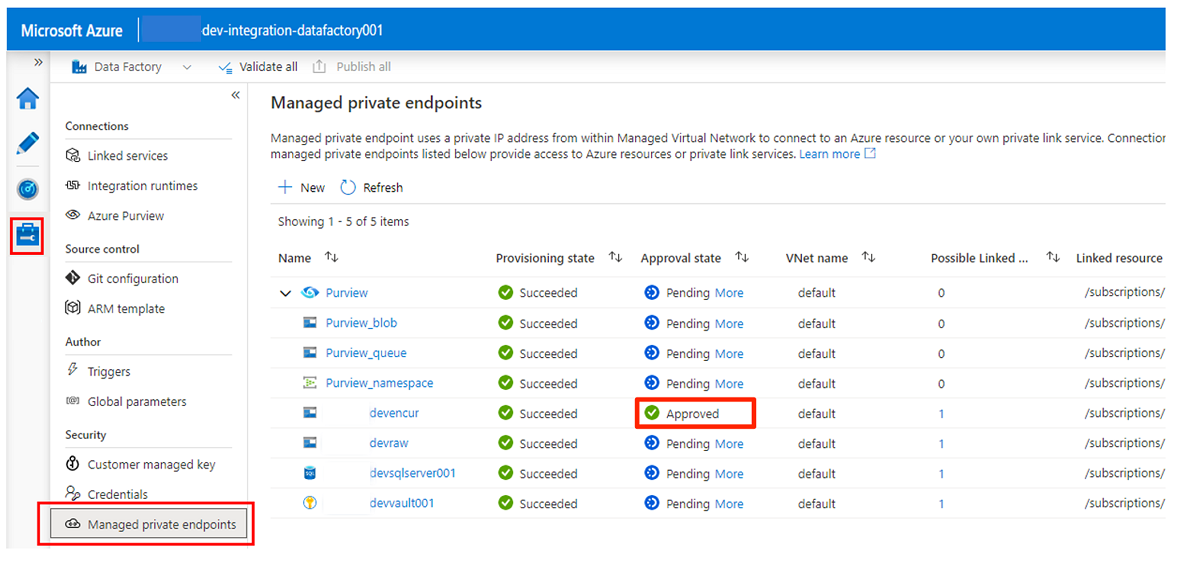 Screenshot that shows how to go to the Manage Private Endpoints pane.
