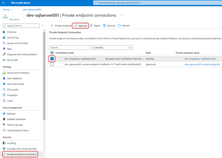 Screenshot that shows to approve a private endpoint access request.