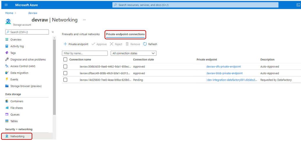Screenshot that shows how to go to the Private endpoint connections pane.