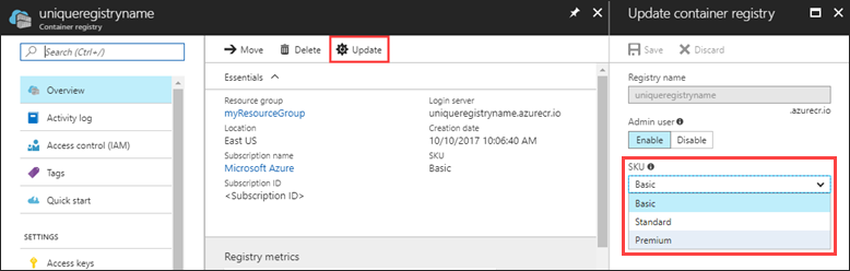Memperbarui SKU registri kontainer di portal Microsoft Azure