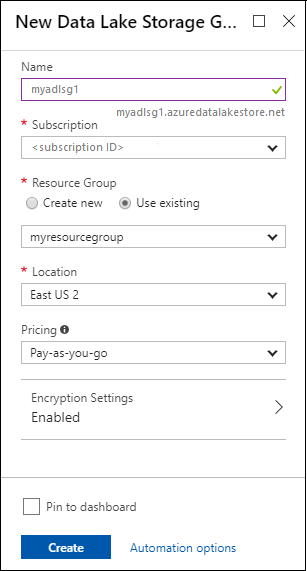 Membuat akun Data Lake Storage Gen1 baru