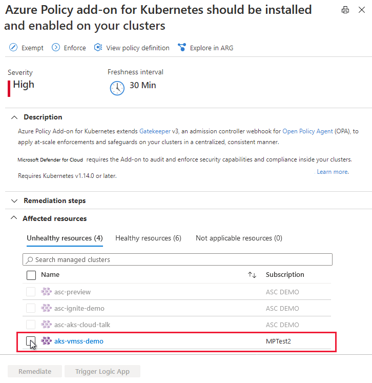 Recommendation details page for Azure Policy add-on for Kubernetes should be installed and enabled on your clusters.