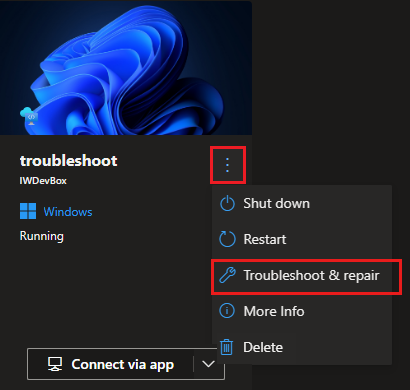 Screenshot showing the Troubleshoot and repair option for a dev box on the more actions menu.