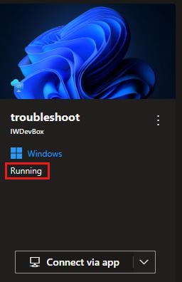 Screenshot showing the dev box tile with the status Running.