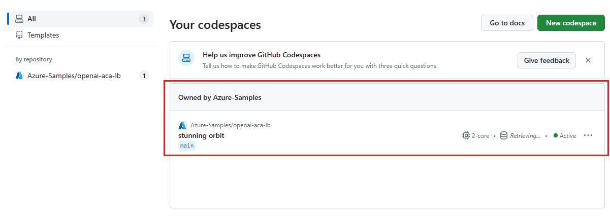 Cuplikan layar semua Codespace yang sedang berjalan termasuk status dan templatnya.