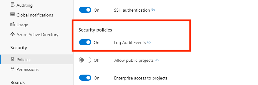 Screenshot of Auditing policy enabled.