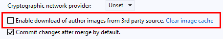 Cuplikan layar memperlihatkan kotak centang untuk mengaktifkan pengunduhan gambar penulis dari sumber pihak ketiga di Team Explorer di Visual Studio 2019.