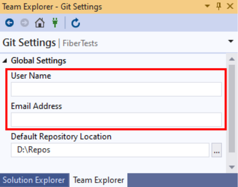 Cuplikan layar pengaturan nama dan email di Global Pengaturan di Team Explorer di Visual Studio 2019.