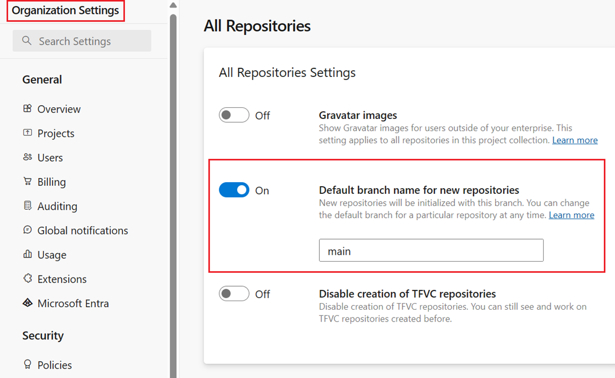 Cuplikan layar yang memperlihatkan pengaturan tingkat organisasi untuk Nama cabang default untuk repositori baru.