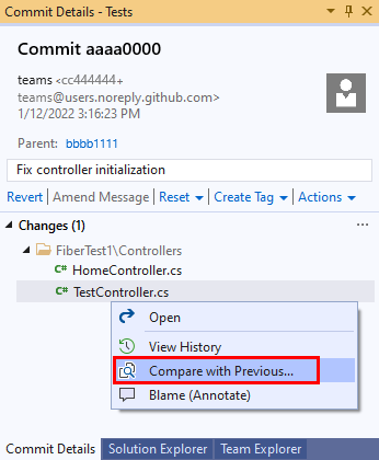 Cuplikan layar opsi 'Bandingkan dengan Sebelumnya' di jendela 'Detail Penerapan' di Visual Studio 2019.