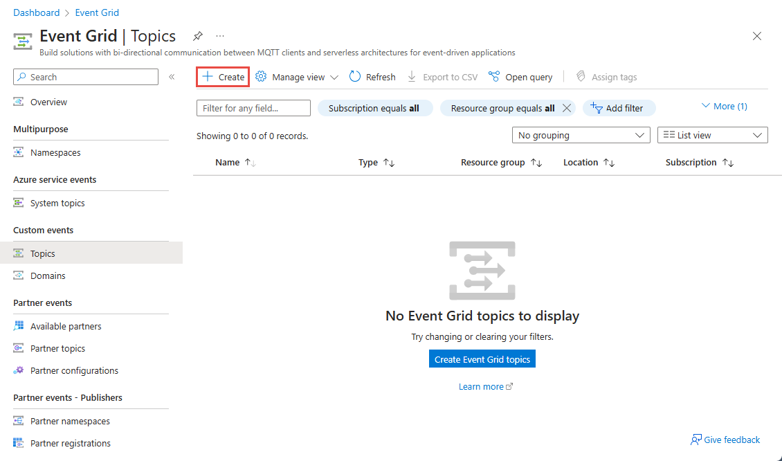 Cuplikan layar memperlihatkan tombol Buat untuk membuat topik Event Grid.