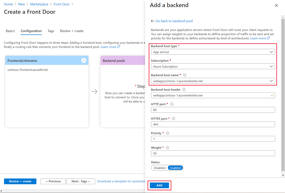Tambahkan host backend ke Front Door Anda.