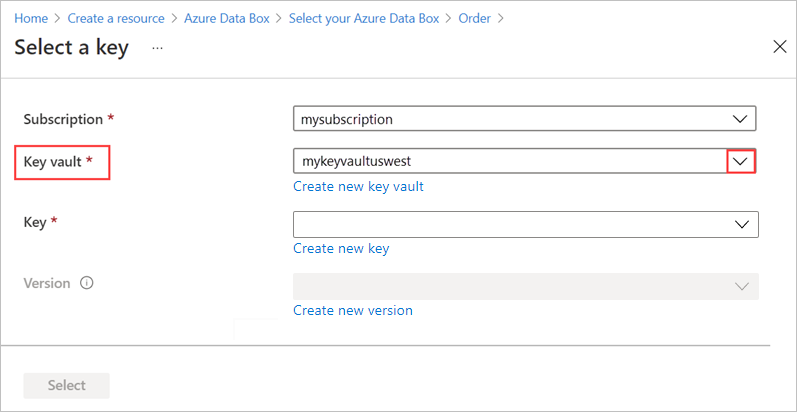 Cuplikan layar pengaturan Jenis enkripsi pada tab Keamanan untuk pesanan Data Box. Opsi 'Kunci yang dikelola pelanggan' dan tautan 'Pilih kunci dan brankas kunci' dipilih.
