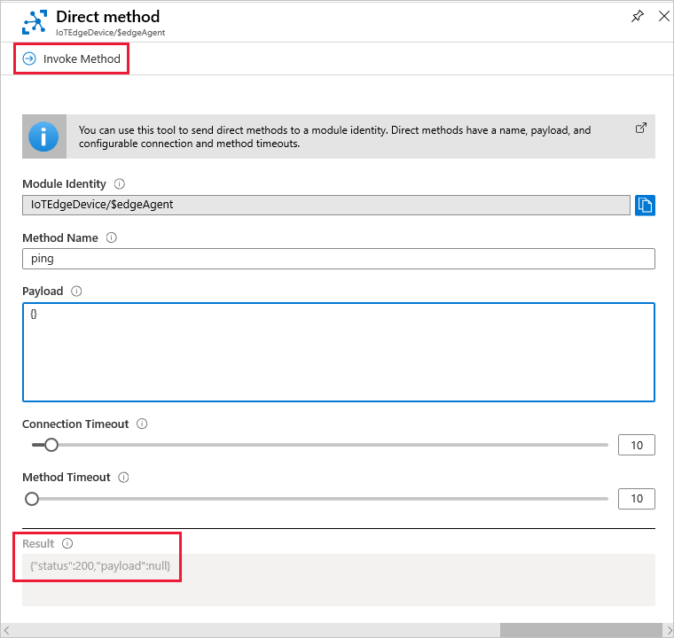 Cuplikan layar memperlihatkan cara memanggil ping metode langsung di portal Azure.