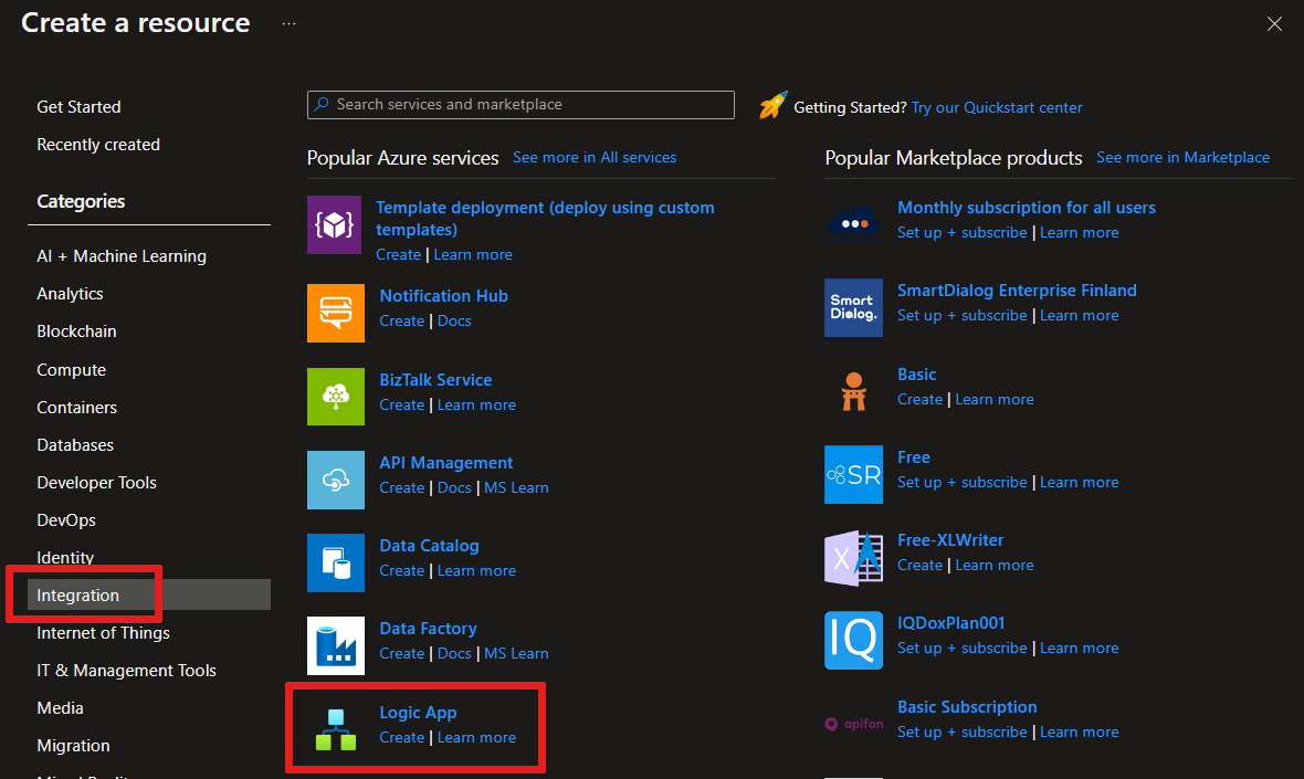 Cuplikan layar cara menemukan dan memilih aplikasi logika di portal Azure.