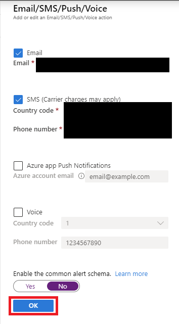 Cuplikan layar yang menampilkan pilihan untuk menambahkan email dan peringatan pesan SMS.