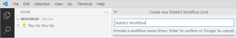 Cuplikan layar memperlihatkan kotak Buat Alur Kerja Stateful baru (3/4) dan nama alur kerja, Stateful-Workflow.