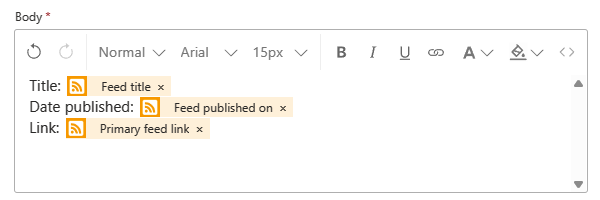 Cuplikan layar memperlihatkan tindakan bernama Kirim email, dengan teks deskriptif dan properti dalam kotak bernama Isi.