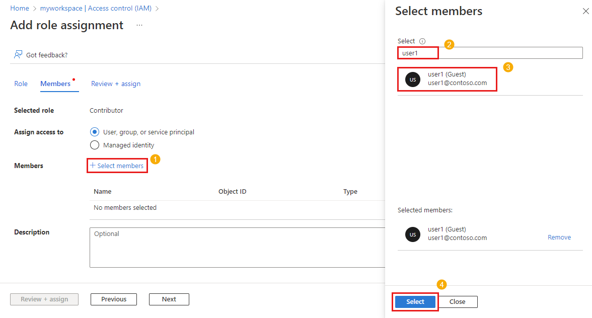 Screenshot that shows the member selection interface when adding a role assignment in the Azure portal.