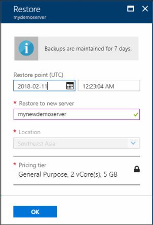 Portal Microsoft Azure - Opsi formulir pemulihan