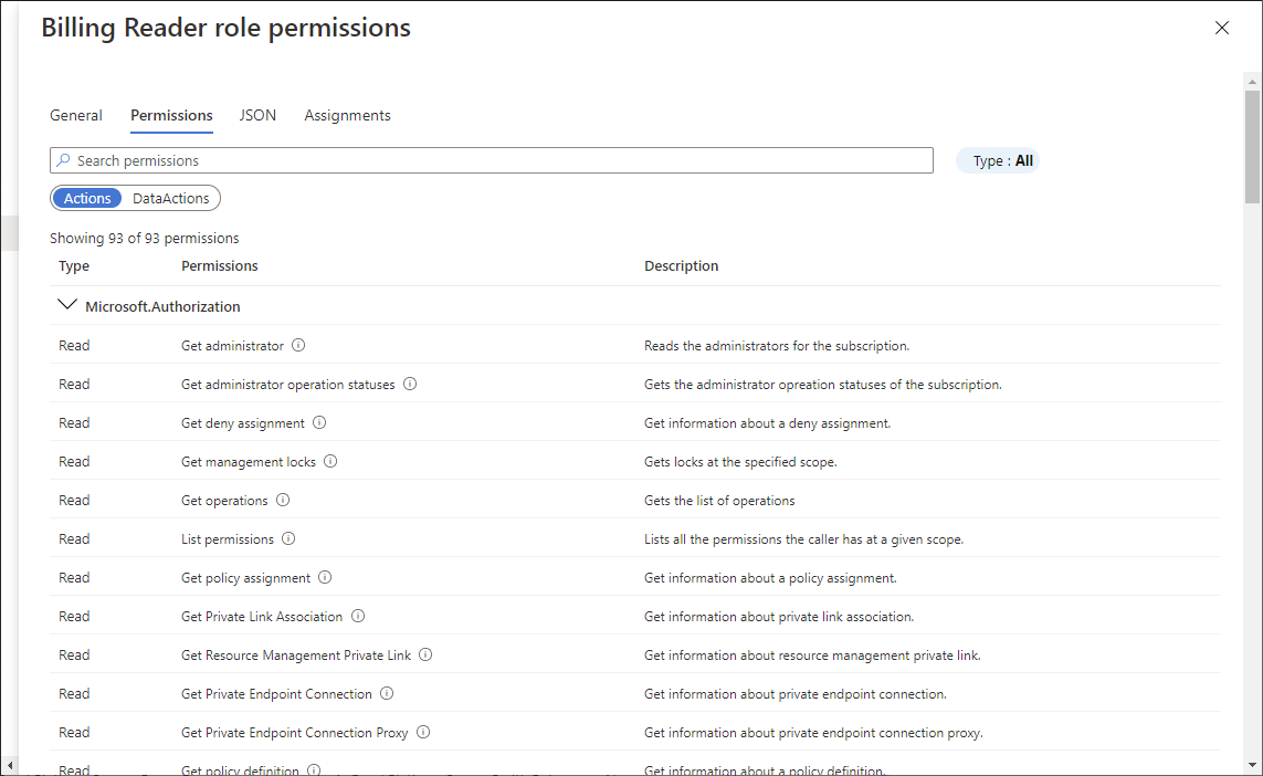 Cuplikan layar yang menunjukkan izin peran menggunakan pengalaman baru.
