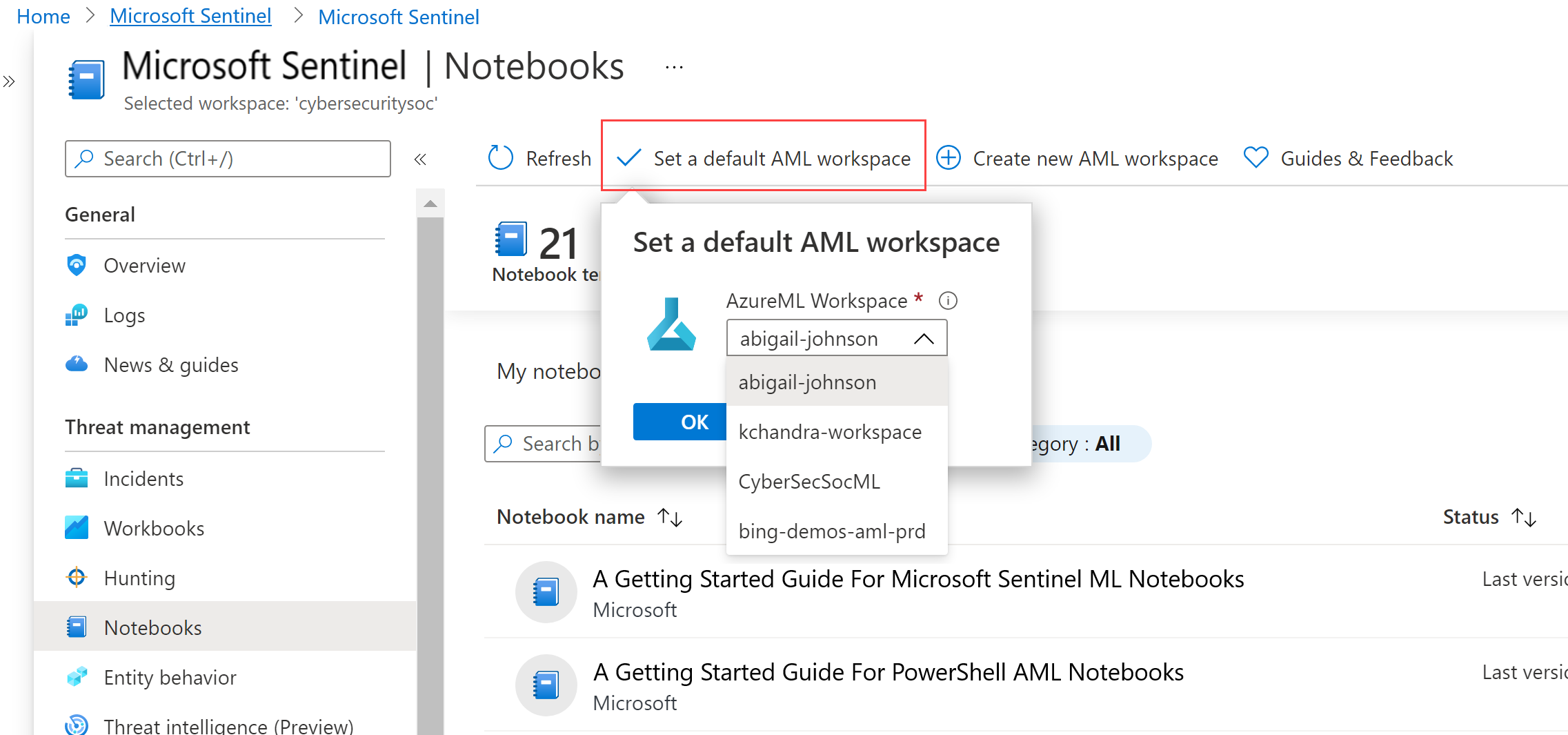Pilih ruang kerja AML default untuk notebook Anda.