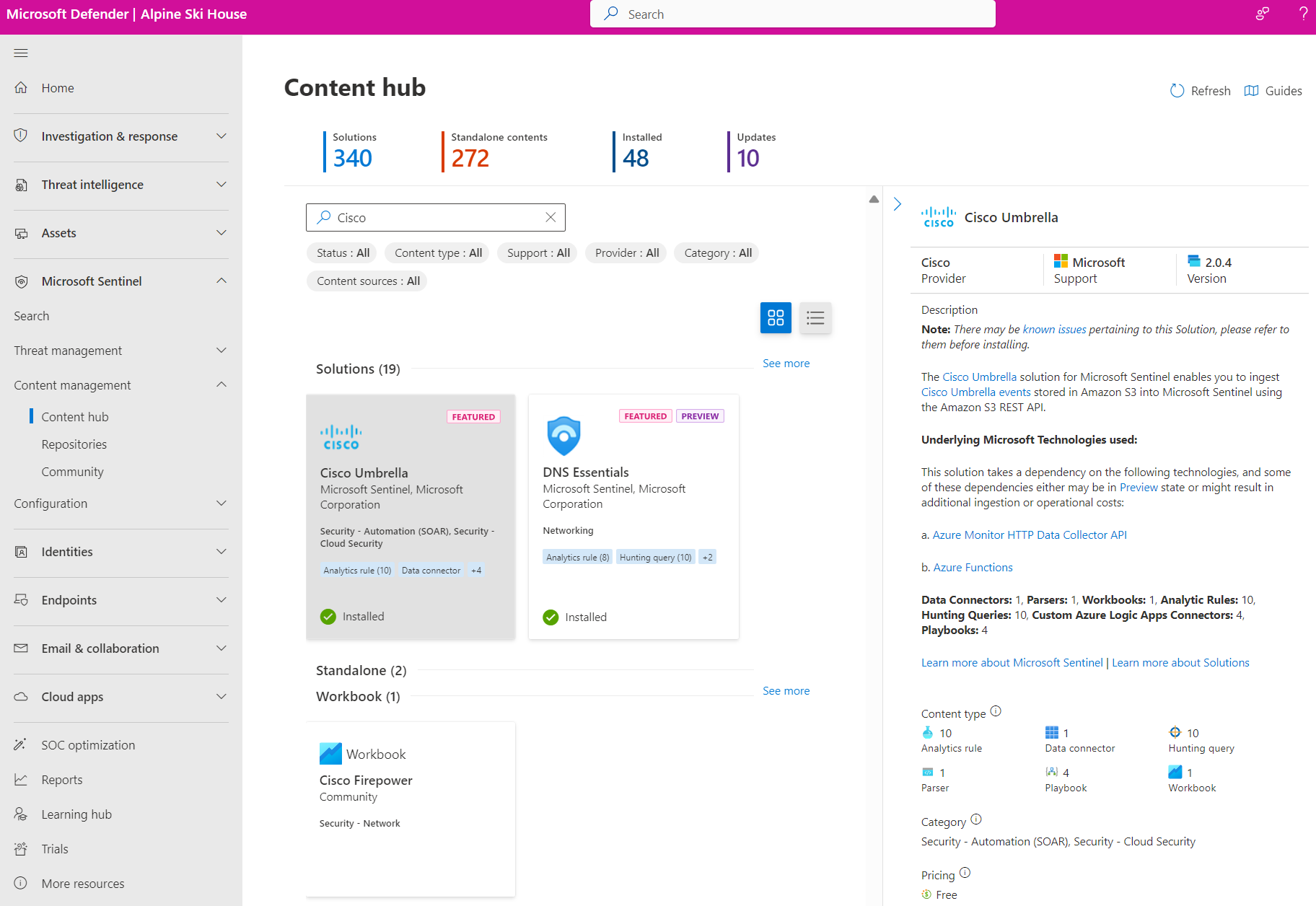 Cuplikan layar hub konten Microsoft Azure Sentinel di portal Pertahanan.