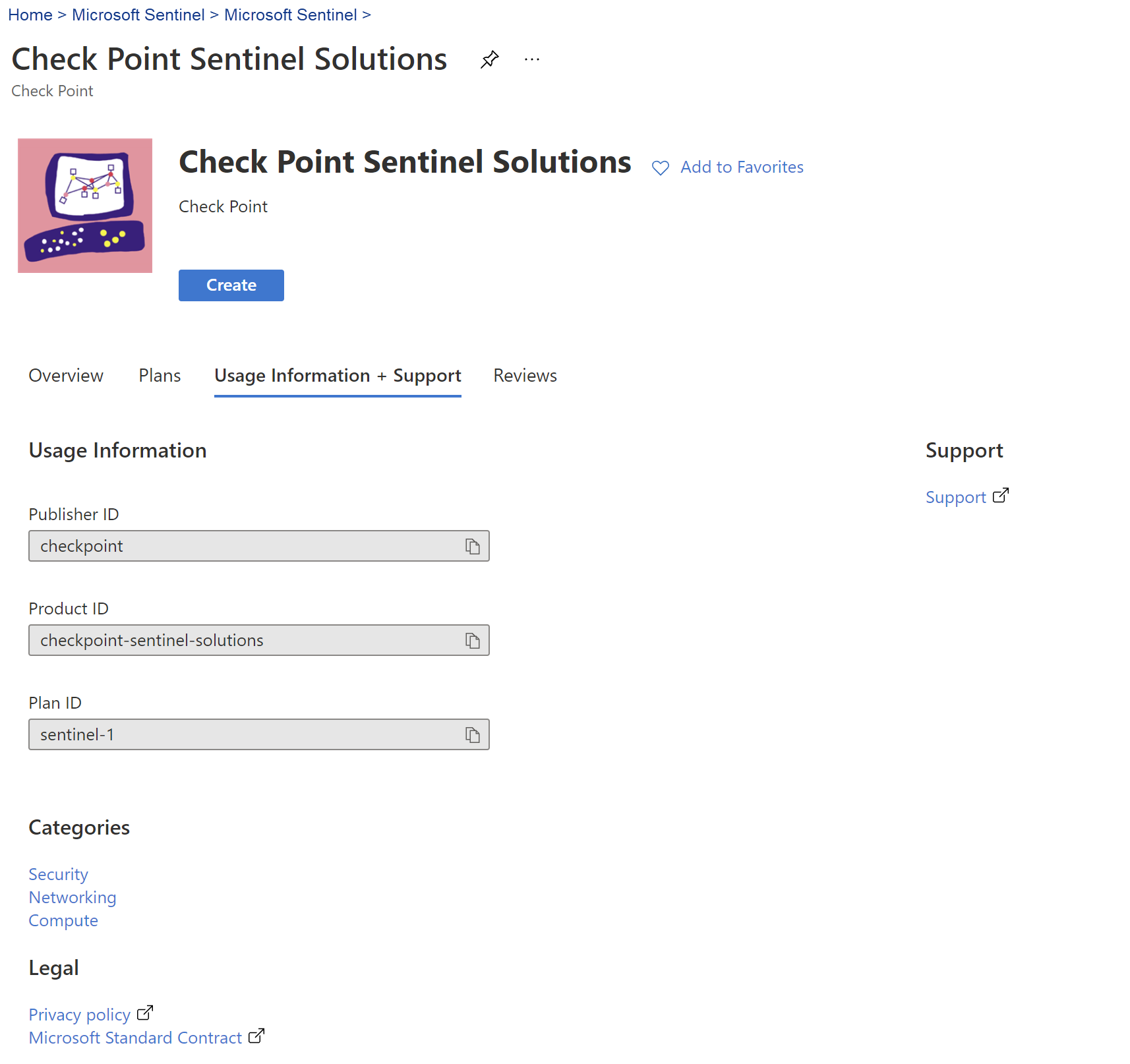 Cuplikan layar detail penggunaan dan dukungan untuk solusi.