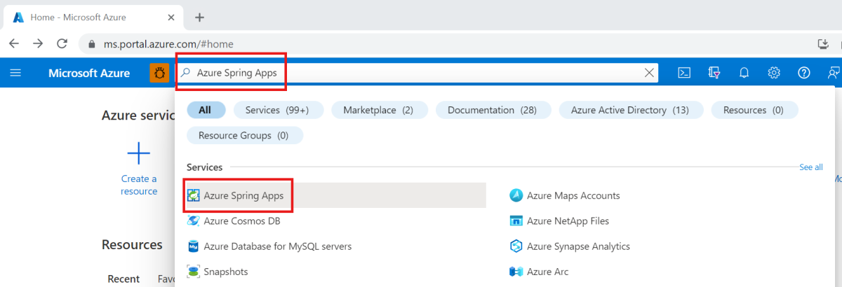 Cuplikan layar portal Azure memperlihatkan layanan Azure Spring Apps yang disorot dalam hasil pencarian.