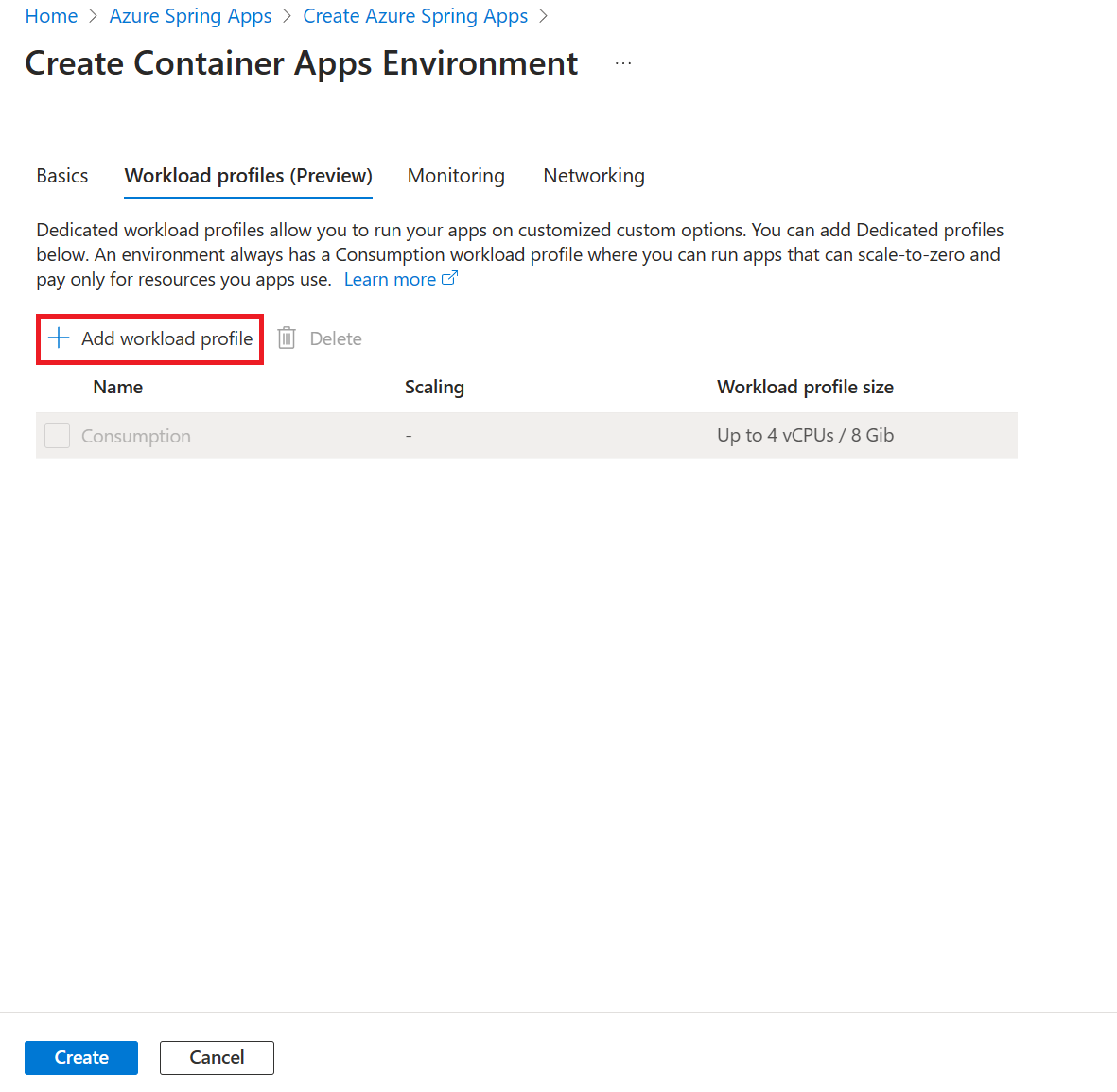 Cuplikan layar portal Azure memperlihatkan tab Buat Profil Beban Kerja.