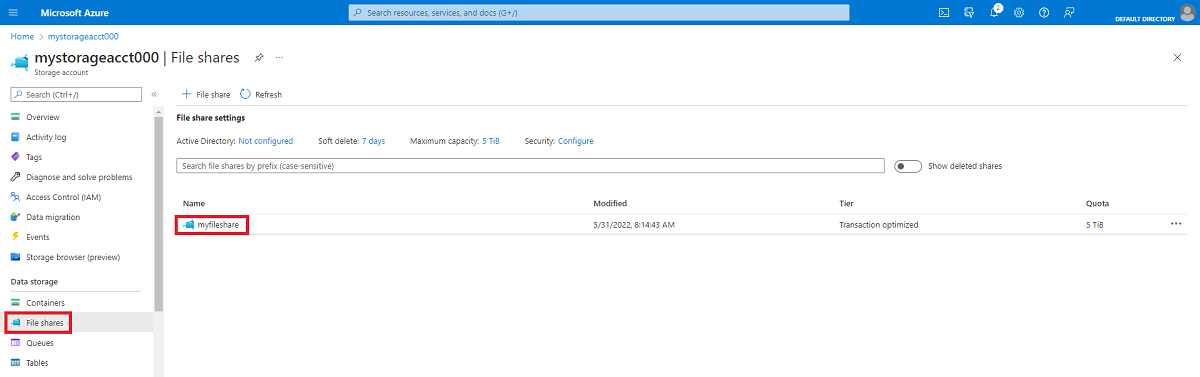 Screenshot of file shares blade, file share is highlighted.