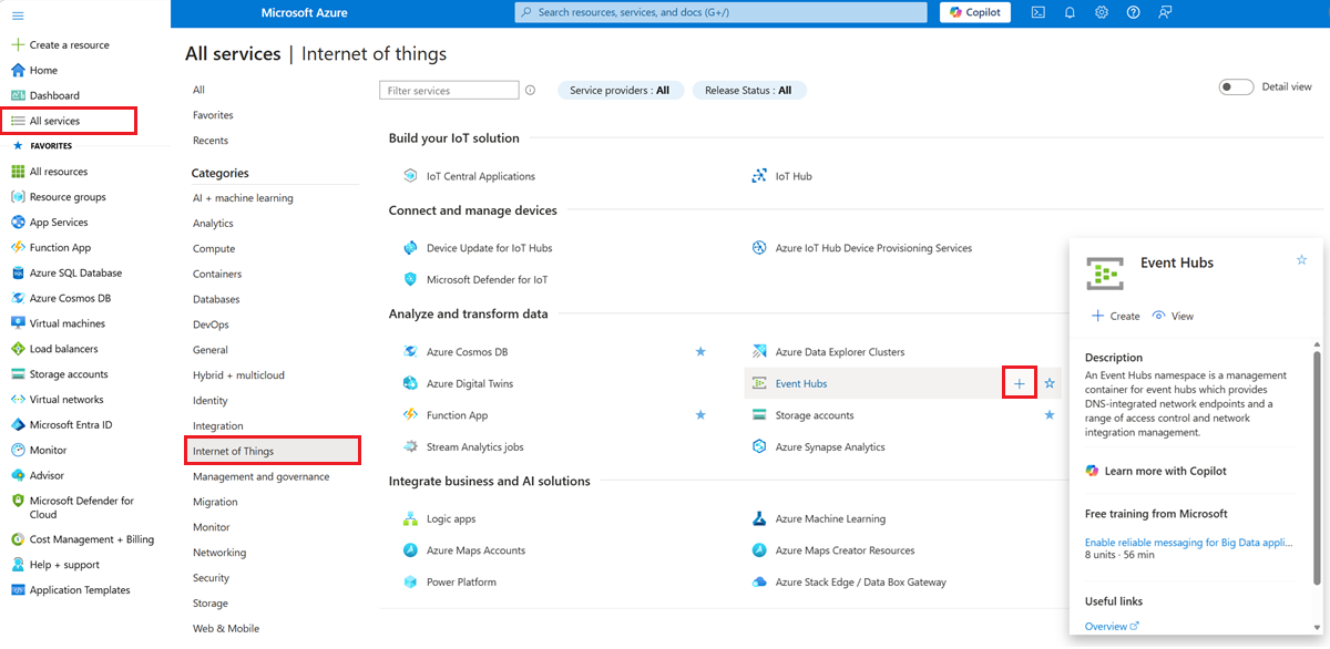 Cuplikan layar yang menunjukkan halaman pembuatan Azure Event Hubs.